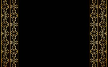 Geometrik siyah arkaplan, dikey ekleme şeklinde sanatsal etnik altın süslemesi. Duvar kağıtları, web siteleri, sunumlar için tasarım. 