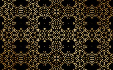 Geometrik şekillerin etnik kökenli altın desenleri ve siyah arkaplanda iç içe geçmiş çizgiler. Tasarım ve dekorasyon için sanatsal benzersiz doku. 