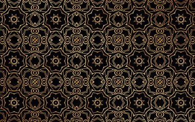 Doğuya özgü hareketlerde geometrik şekillerin etnik altın deseni. Siyah arkaplan üzerindeki soyut doku. Tasarım ve dekorasyon için vektör grafikleri.