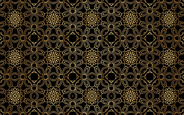 幾何学的な形状と東洋の動機で抽象的な花の民族金のパターン 黒の背景に抽象的なテクスチャ デザインと装飾のためのベクトルグラフィックス — ストックベクタ