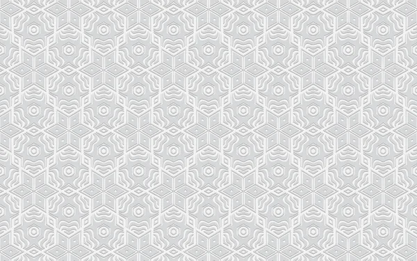 Etnische Trendy Volumetrische Convexe Witte Achtergrond Doodling Reliëf Geometrisch Patroon — Stockvector