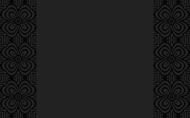Karmaşık hacimli dışbükey desen 3D ve büyük çiçekler. Duvar kağıdı, sunum ve web siteleri için dikey eklentileri olan etnik geometrik kabartmalı siyah arkaplan. 