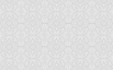 Duvar kağıdı ve sunumlar için kompleks geometrik hacim dışbükey 3D desen. Etnik açılış, doğu karalama tarzında kabartmalı beyaz arkaplan.