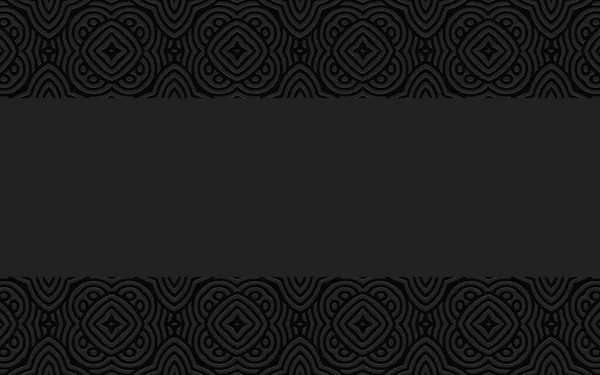 Karmaşık geometrik hacim dışbükey 3D desen. Sunumlar ve web siteleri için yatay eklentilerle karalama tarzında etnik kabartmalı siyah arkaplan.