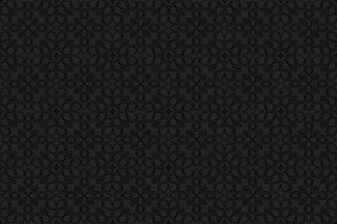 Etnik geometrik dışbükey hacim dokusu, üç boyutlu bir desenden. Sunumlar ve web siteleri için kabartmalı açılış siyah arkaplanı.