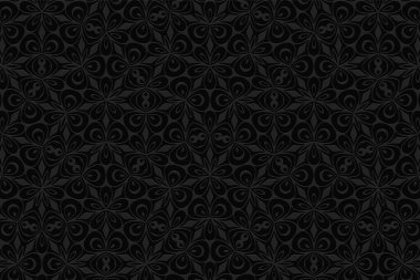 Geometrik dışbükey hacimli 3D doku. Etnik unsurların ve sunumlar ve web siteleri için figürlerin orjinal süslemesi olan kıvırcık siyah arkaplan.