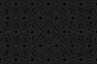 Geometrik siyah dışbükey hacimli 3D arkaplan. Etnik unsurlardan oluşan rahatlama desenli bir süs. Halk güdülerine dayanan modaya uygun bir doku..