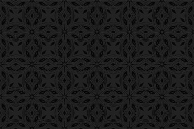Geometrik dışbükey hacim 3D desen. Duvar kağıdı, sunumlar, web siteleri için siyah bir zemin üzerinde etnik eşsiz elementlerden sanatsal yardım süsü..