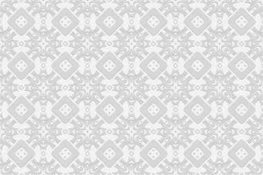 Geometrik dışbükey hacimli 3D desen. Etnik eşsiz elementlerden sanatsal yardım süsü ve Asya ve Doğu halklarının tarzında çokgenler. Tasarım için beyaz arkaplan.