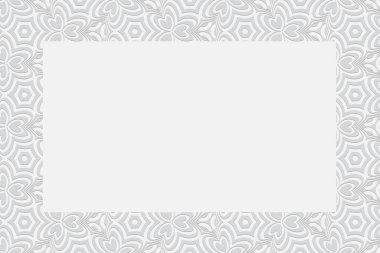 Tasarım ve dekor için beyaz arkaplan. Mesaj için çerçeve. Geometrik dışbükey hacim 3D desen. Etnik benzersiz elementlerin karalama tarzında bir rahatlama süslemesi..