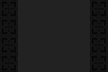 Afrika, Meksika halklarına dayanan rahatlatıcı bir etnik şablonun geometrik siyah hacimli arka planı. Dikey eklentiler. Web tasarımı ve sunumlar için 3B dışbükey şekil efekti.