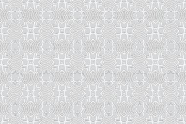 Rahatlatıcı bir etnik şablonun geometrik beyaz hacimli arka planı. Web tasarımı, pankart, sunumlar için 3B dışbükey şekil efekti.