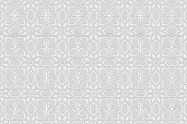 Geometrik orjinal beyaz arkaplan. Doğu tarzında rahatlatıcı bir etnik kalıptan gelen ses ölçüsü kompozisyonu. Sunum için dışbükey şekilli 3B efektli duvar kağıdı, web sitesi.