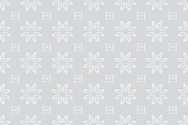 Çiçekli Geometrik beyaz arka plan. Sanatsal tarzda bir rahatlama kalıbının ses ölçüsü. Etnik elementlere sahip dışbükey şekilli üç boyutlu duvar kağıdı.