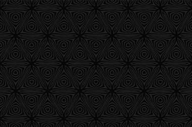 Geometrik siyah duvar kağıdı. Hacim bileşimine sahip etnik arkaplan ve dışbükey şekilli 3 boyutlu etki. Sunumlar, web siteleri, tekstil tasarımları.