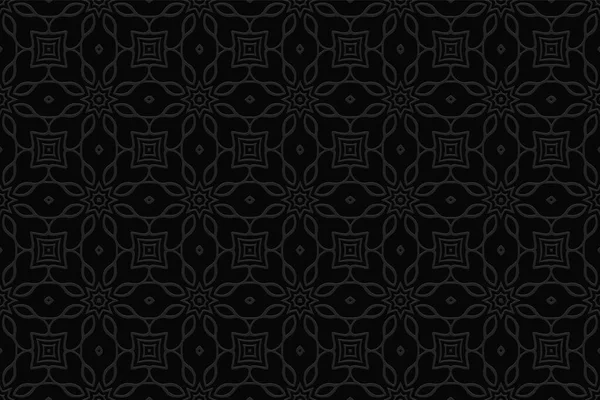 Geometrik soyut siyah arkaplan. Rahatlatıcı bir etnik şablonun ses ölçüsü. Duvar kağıdı, doğu insanlarına dayanan dışbükey bir şekle sahip 3 boyutlu bir efekt..