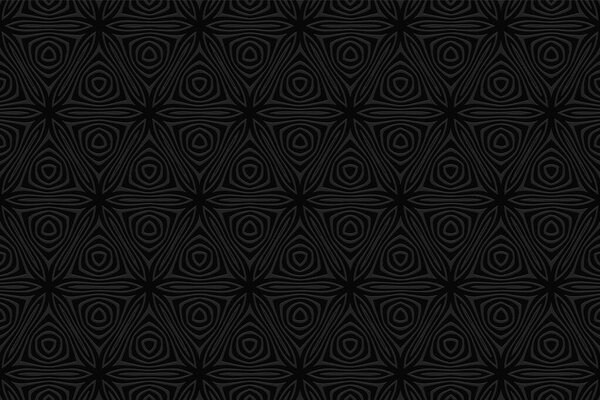 Geometric black wallpaper. Ethnic background with volumetric composition with 3D effect of convex shape. Design for presentations, websites, textiles.