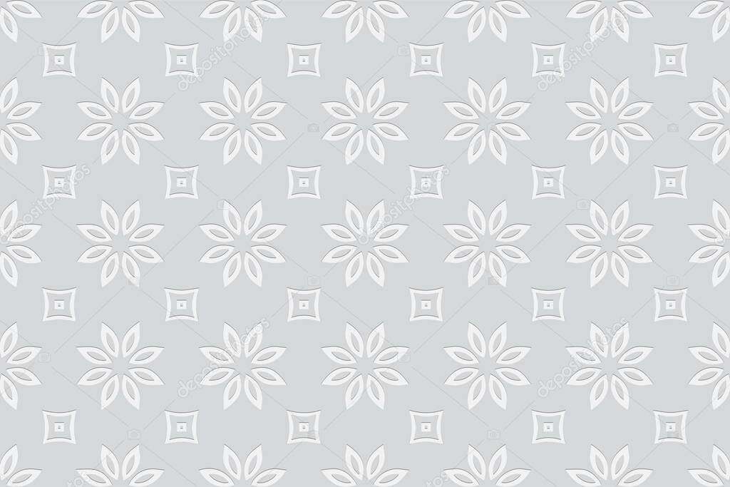 Geometric white background with flowers. Volumetric composition from a relief pattern in an artistic style. Wallpaper with 3D effect of a convex shape with ethnic elements.