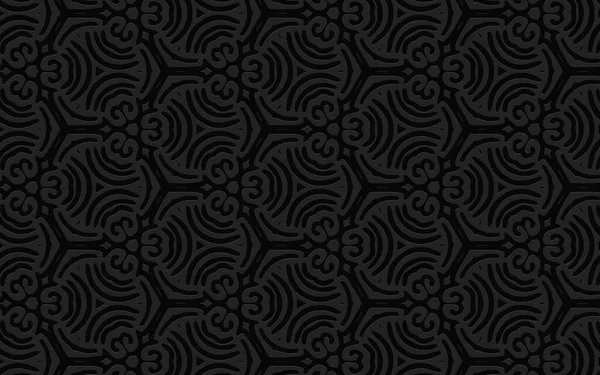 Geometrik 3D dışbükey hacim soyutlaması. Basit desenlerin siyah arkaplanı, sunumlar için kıvrımlar ve çizgiler, duvar kağıtları. Etnik kabartmalı doku. 