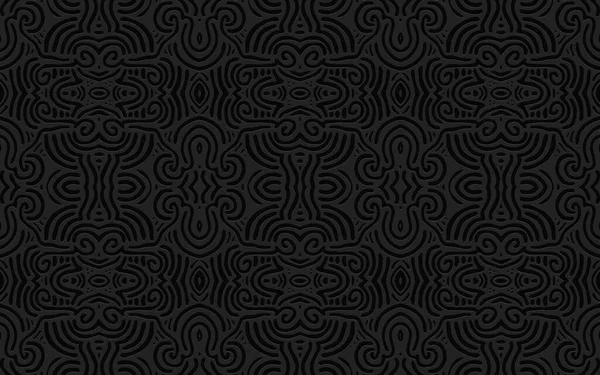 Geometrik 3D dışbükey hacim soyutlaması. Afrika 'nın el yapımı insanları, sunumlar ve duvar kağıtları için Meksika' da etnik kökenli siyah arka plan. Rahatlama dokusu.