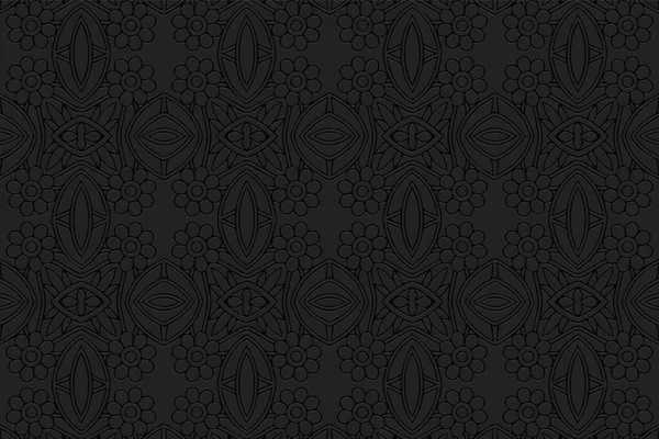Ses düzeyi dışbükey siyah arkaplan. Etnik Afrikalı, Meksikalı, Hint tarzı. Duvar kağıdı, sunumlar, vitraylar, tekstil için basit geometrik şekilli 3D desen.