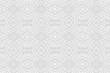 Geometrik hacim dışbükey beyaz arkaplan. Etnik Afrikalı, Meksikalı, Amerikan Yerlisi tarzı. Duvar kağıdı tasarımı, sunumlar, vitray, tekstil için özel bir süslemeden üç boyutlu doku..