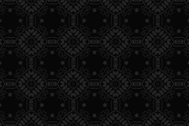Ses düzeyi dışbükey siyah arkaplan. Etnik Afrikalı, Meksikalı, Amerikan Yerlisi tarzı. Üç boyutlu ferahlık geometrik eşsiz süs. Sunumlar, tekstil ve duvar kağıtları için desen.