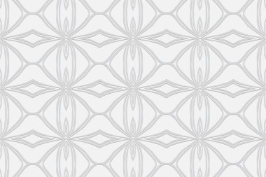 Geometrik hacim dışbükey beyaz arkaplan. Etnik oryantal dürtüler. Karalama şeklinde 3 boyutlu kabartma deseni. Tasarım ve dekor için süs.