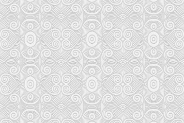 Geometrik hacim dışbükey beyaz arkaplan. Etnik Afrikalı, Meksikalı, Kızılderili dürtüleri. 3D kabartma şekilli orijinal kalplerle. Tasarım için modaya uygun bir süs..