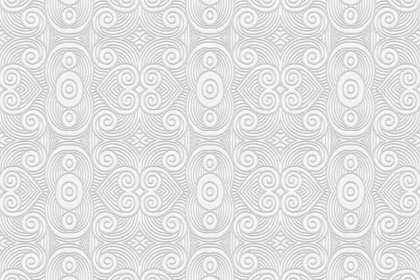 Geometrik hacim dışbükey beyaz arkaplan. Etnik Afrikalı, Meksikalı, Kızılderili dürtüleri. 3D kabartma şekilli orijinal kalplerle. Tasarım için modaya uygun bir süs..