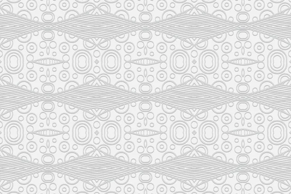 Geometrik hacim dışbükey beyaz arkaplan. Etnik Afrikalı, Meksikalı, Kızılderili dürtüleri. 3D kabartma şeklinde güzel desenli. Duvar kağıtları, kartvizitler, tekstil, sunumlar için süsleme.