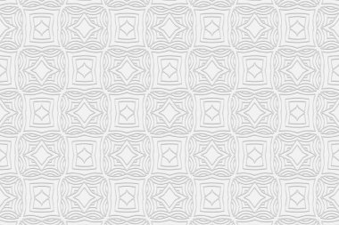 Geometrik hacim dışbükey beyaz arkaplan. Etnik Afrikalı, Meksikalı, Kızılderili dürtüleri. El yapımı stil. Sunumlar, duvar kağıtları, tekstil için 3B rahatlama deseni.