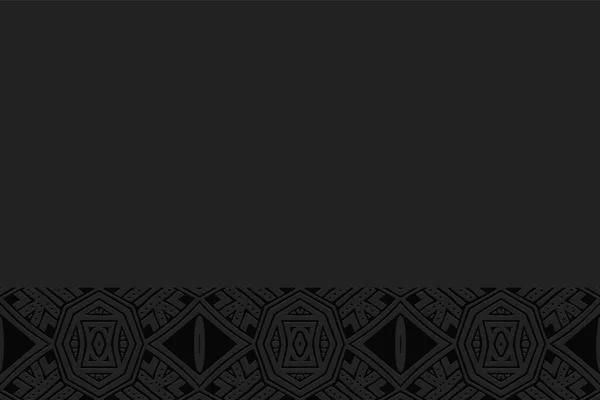 Geometrik hacimli dışardaki siyah arkaplan. Etnik Afrikalı, Meksikalı, Kızılderili dürtüleri. El yapımı stil. Sunumlar için 3D kabartmalı ulusal renkli desen. Yatay ekleme.