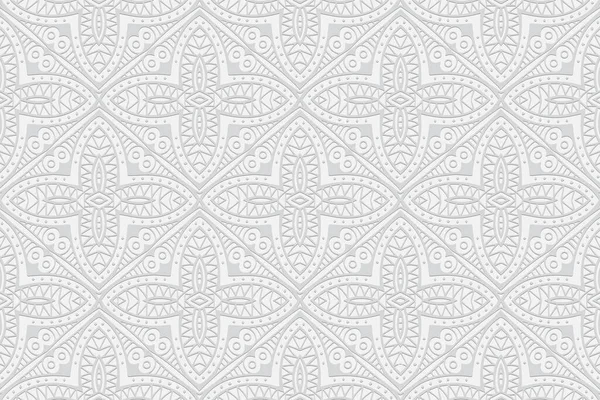 Geometrik hacim dışbükey beyaz arkaplan. Etnik Afrikalı, Meksikalı, Kızılderili dürtüleri. El yapımı stil. Tasarım ve dekorasyon için 3B kabartmalı modern desen.