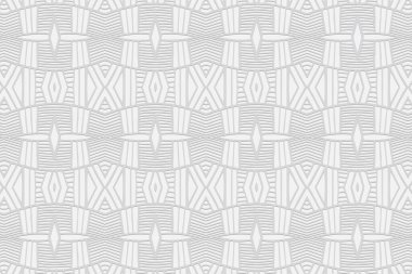 Geometrik hacim dışbükey beyaz arkaplan. Etnik Afrikalı, Meksikalı, Amerikan Yerlisi dürtüleri. Soyut el yapımı stil. Tasarım dekorasyonu için figürleri ve çizgileri olan 3B yardım deseni.