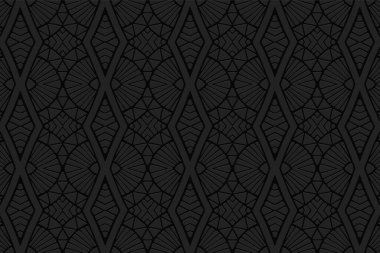 Geometrik hacimli dışardaki siyah arkaplan. Etnik Afrikalı, Meksikalı, Amerikan yerlisi. Soyut el yapımı. 3D kabartmalı güzel desenli figürler ve çizgiler.