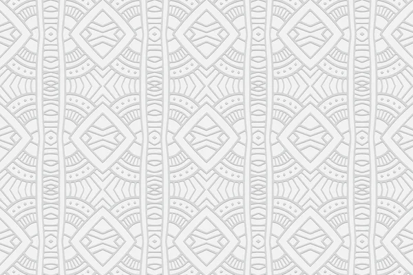 Geometrik hacim dışbükey beyaz arkaplan. Etnik Afrikalı, Meksikalı, Amerikan Yerlisi dürtüleri. Soyut el yapımı stil. Tasarım dekorasyonu için 3B kabartmalı halk deseni.