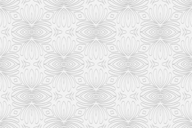 Ses düzeyi dışbükey beyaz arkaplan. Üç boyutlu kabartmalı geometrik desen, birbirine dolanan ince çizgiler ve soyut şekiller. Etnik minimalist unsurlarla süsleme dokusu.