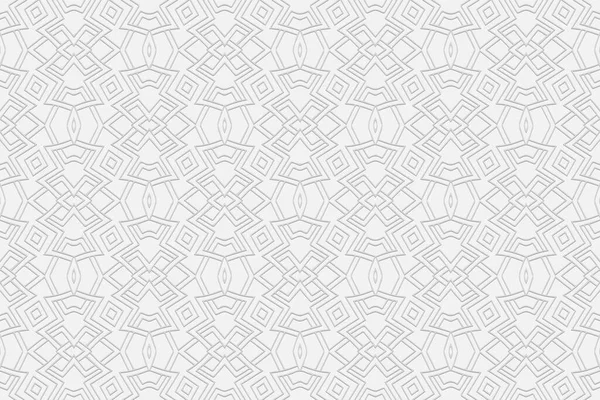 Ses düzeyi dışbükey beyaz arkaplan. Üç boyutlu rahatlama geometrik deseni, iç içe geçmiş çizgiler ve şekiller. Tasarım ve dekorasyon için etnik minimalist unsurlarla dekoratif süs dokusu.