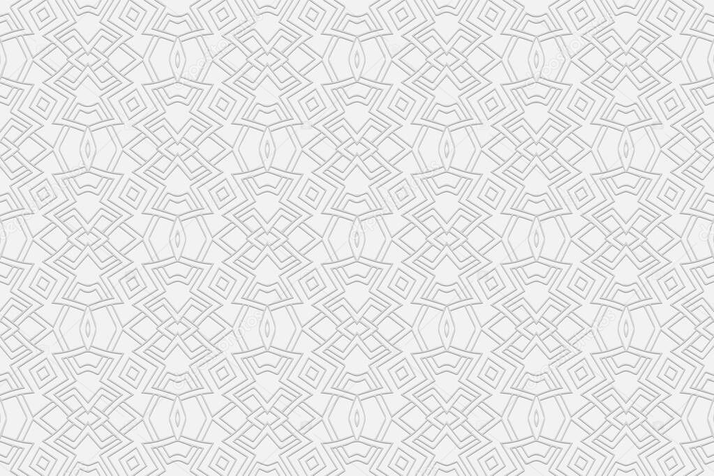 Volumetric convex white background. 3d relief geometric pattern with intertwining lines and figures. Decorative ornament texture with ethnic minimalist elements for design and decor.