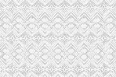 Ses düzeyi dışbükey beyaz arkaplan. Üç boyutlu kabartmalı geometrik desen, iç içe geçmiş çizgiler ve şekiller. Etnik minimalist unsurlar. Güzel süs.. 