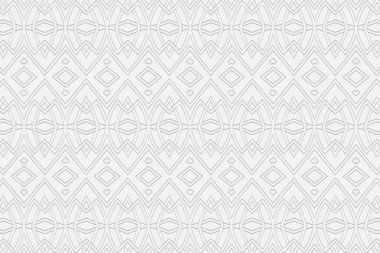 Ses düzeyi dışbükey beyaz arkaplan. Üç boyutlu kabartmalı geometrik desen, iç içe geçmiş çizgiler ve şekiller. Etnik minimalist unsurlar. Benzersiz dekoratif halk süsü.