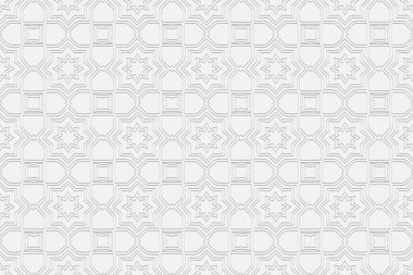 İnce çizgiler, yıldızlar ve dekoratif figürlerle kabartmalı beyaz arka plan 3D, geometrik modern desen. Tasarım ve dekor için etnik minimalist elementler.