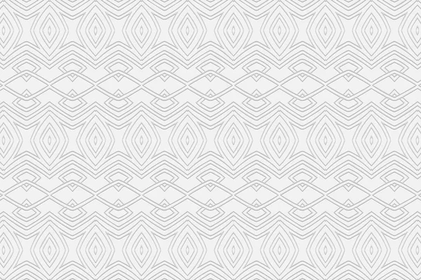 Ses düzeyi dışbükey beyaz arkaplan. Üç boyutlu kabartmalı geometrik desen, iç içe geçmiş çizgiler ve şekiller. Etnik minimalist unsurlar. Dekoratif modern süs.
