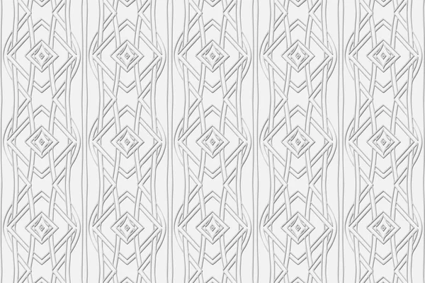 Ses düzeyi dışbükey beyaz arkaplan. Üç boyutlu kabartmalı geometrik desen, iç içe geçmiş çizgiler ve şekiller. Etnik minimalist unsurlar. Duvar kağıdı ve tekstil için modern zarif bir süs..