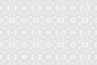 3d hacimli geometrik beyaz arkaplan. Sunumlar, web siteleri, tekstil ve renklendirmeler için geleneksel İslami desen tasarımına dayalı etnik kabartmalı dekoratif süsleme.