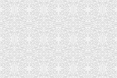 3d hacimli geometrik beyaz arkaplan. Sunumlar, web siteleri, tekstil ve renklendirmeler için geleneksel İslami desen tasarımına dayalı etnik kabartmalı Fas süsü.