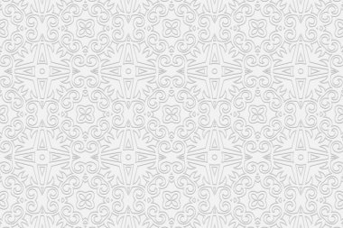 3d hacimli geometrik beyaz arkaplan. Sunumlar, web siteleri, tekstil ve renklendirmeler için geleneksel İslami desen tasarımına dayalı etnik kabartmalı doğu tarzı süs.