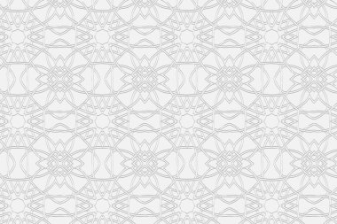 Ses düzeyi dışbükey beyaz arkaplan. Üç boyutlu etnik geometrik süs. Kabartmalı doğulu egzotik desen. Tasarım için vektör grafikleri.