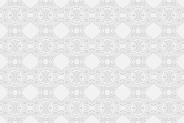 3d hacimli geometrik beyaz arkaplan. Etnik kabartmalı egzotik Fas süsü sunumlar, web siteleri, tekstil, renklendirmeler için geleneksel İslami desen tasarımına dayanmaktadır..